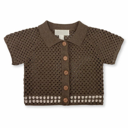 半袖セットアップ Brown cardigan / 66cm ざっくりレースニット半袖シャツ+ショートパンツ【mh0010004】