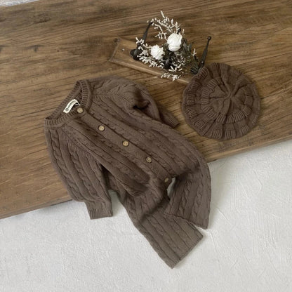 長袖ロンパース brown set / 6M  66CM ベビージャンプスーツ+帽子セット アランニットケーブル編み長袖ロンパース+ニットベレー帽【mh0008730】