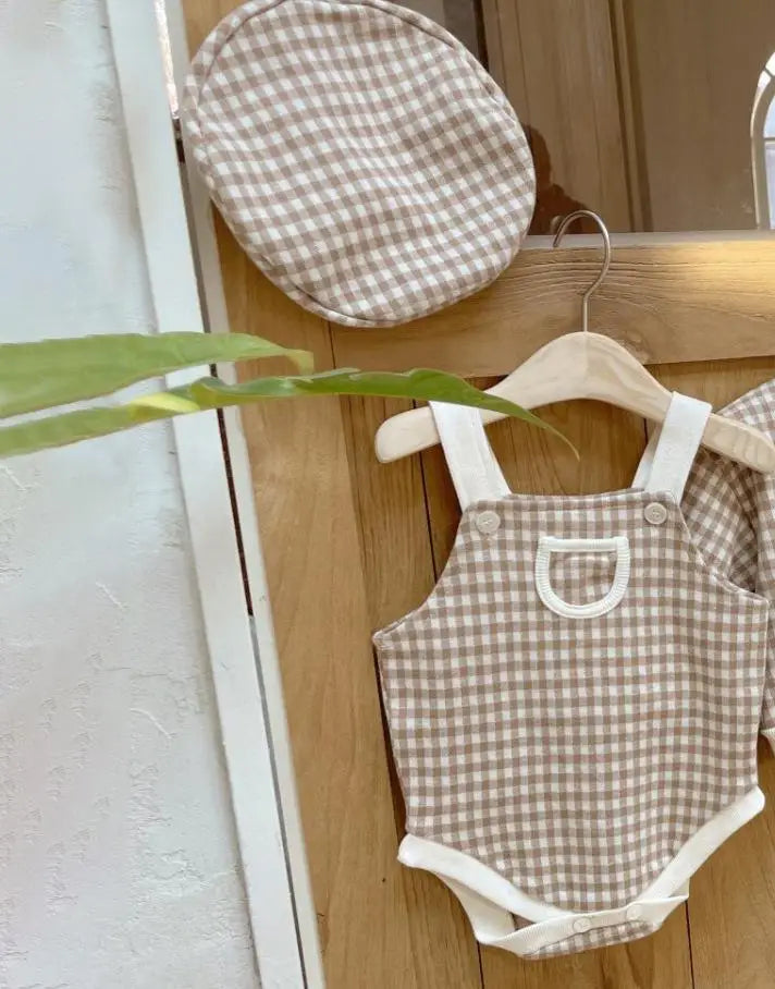 ノースリーブロンパース brown set / 6M  66CM ベビーロンパース+帽子セット チェックサスペンダーボディスーツ+チェックベレー帽【mh0008732】