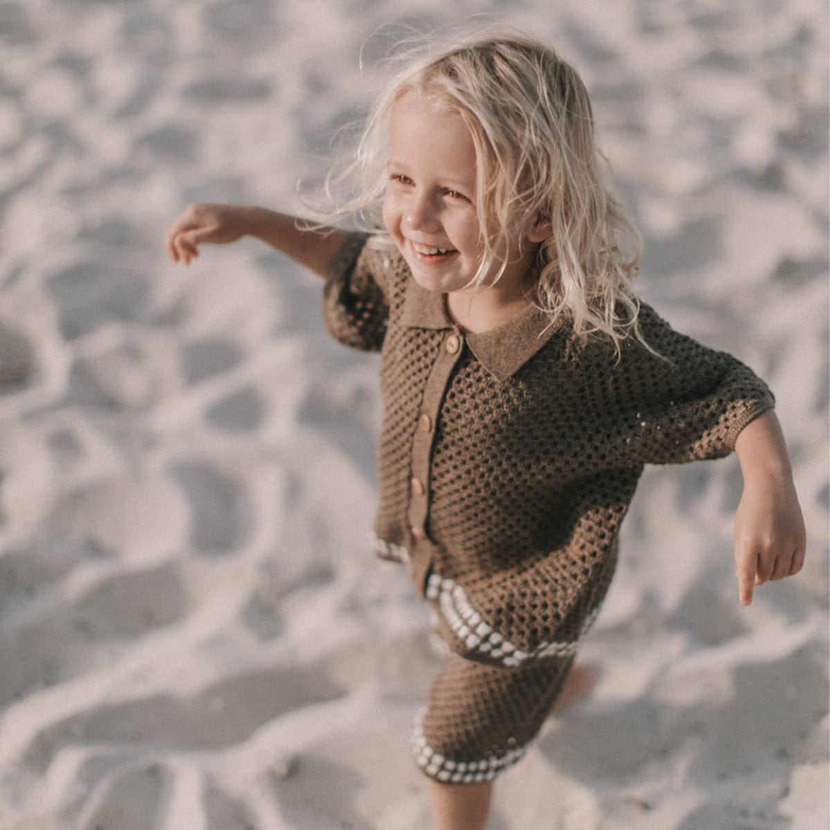 半袖セットアップ Brown suit (cardigan + pants) / 66cm ざっくりレースニット半袖シャツ+ショートパンツ【mh0010004】