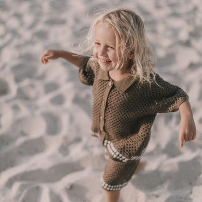 半袖セットアップ Brown suit (cardigan + pants) / 66cm ざっくりレースニット半袖シャツ+ショートパンツ【mh0010004】