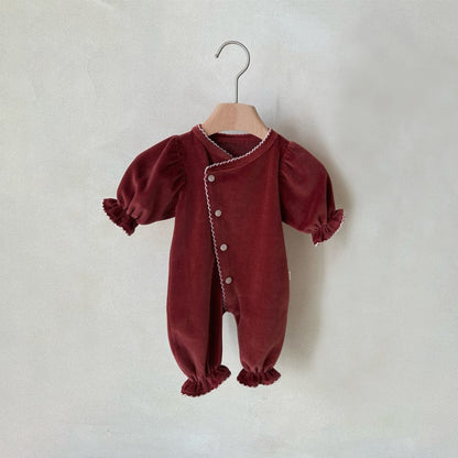 長袖ロンパース Burgundy jumpsuit / 66cm 長袖パフスリーブジャンプスーツ ボンネット帽子セット【mh0009662】