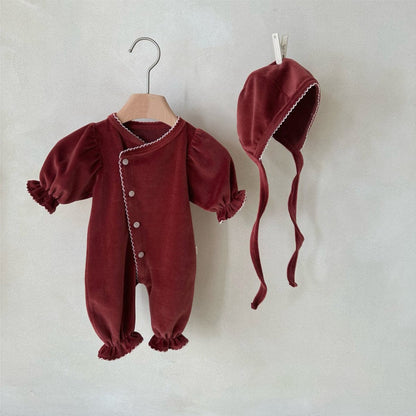 長袖ロンパース Burgundy Suit (Jumpsuit + Hat) / 66cm 長袖パフスリーブジャンプスーツ ボンネット帽子セット【mh0009662】