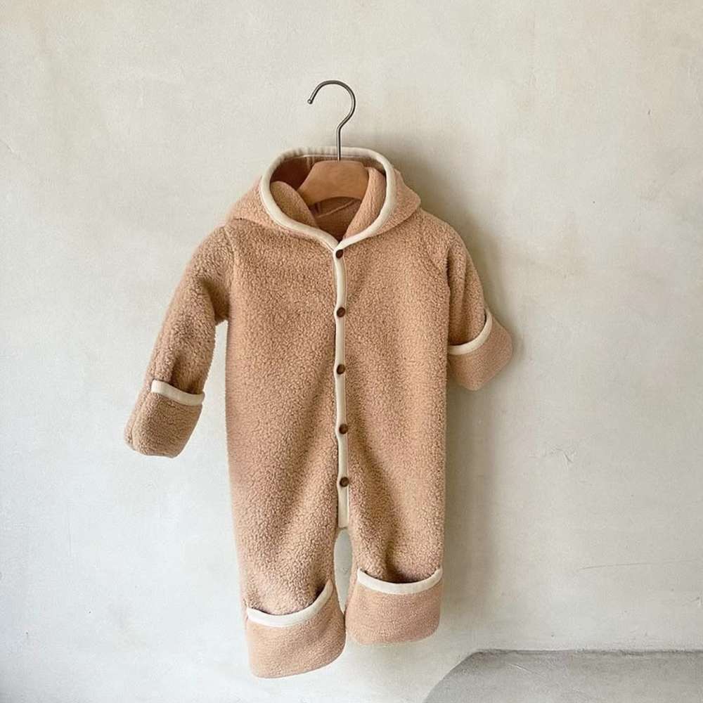 アウタージャンプスーツ Camel / 66cm 長袖もこもこフーディロンパース | フード付きボア | 防寒アウタージャンプスーツ【mh0011497】