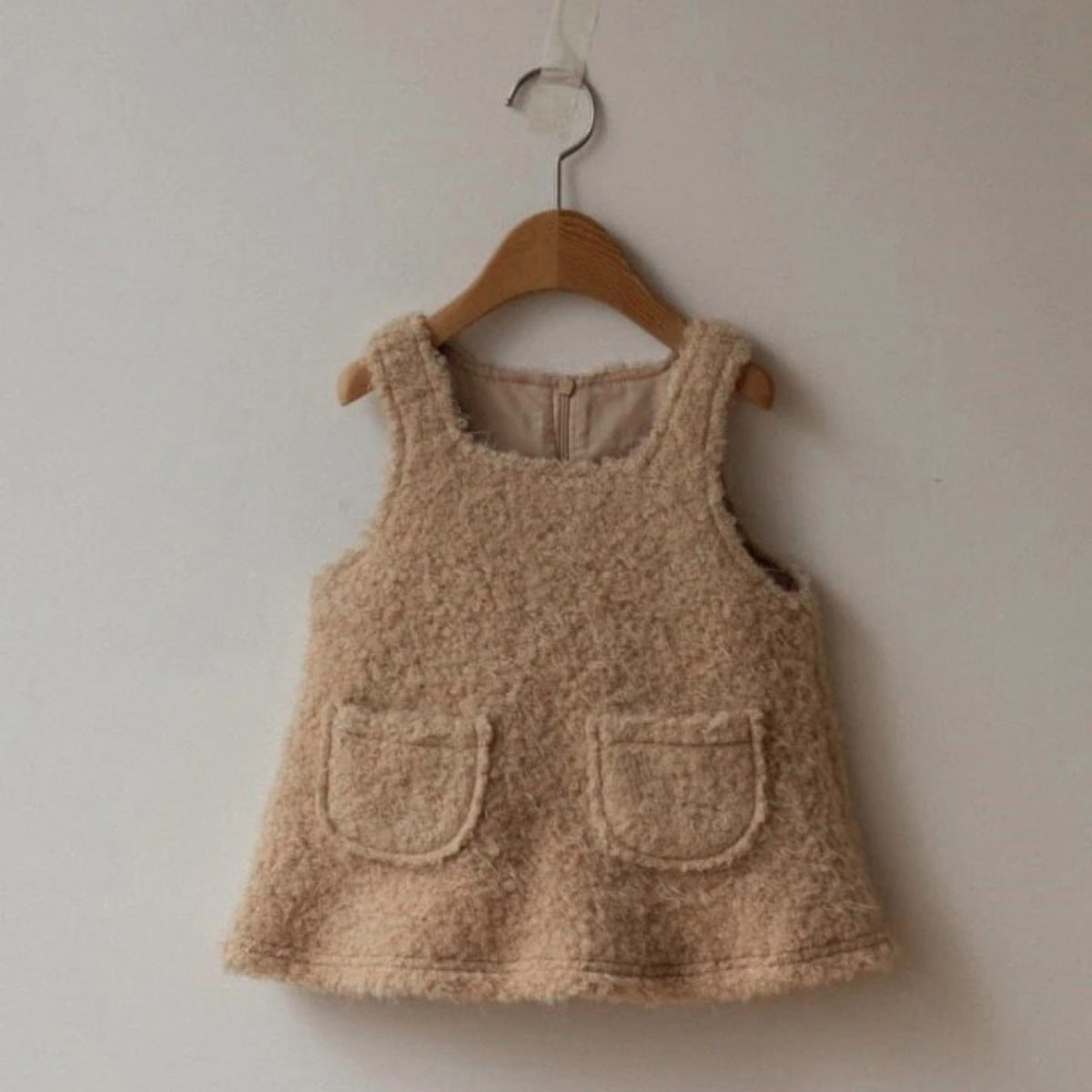 ノースリーブワンピース Camel / 73cm Curly Velvet Pocket Sleeveless Dress ボア スクエアネック ジャンパースカート【mh0011634】