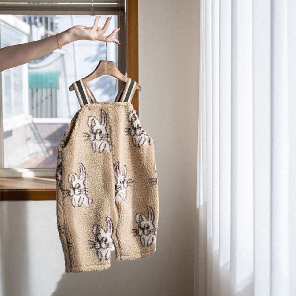 サロペットパンツ・サスペンダーパンツ Camel / 73cm サスペンダーサロペット | うさぎチェックボーダーボア | もこもこオーバーオール【mh0011502】