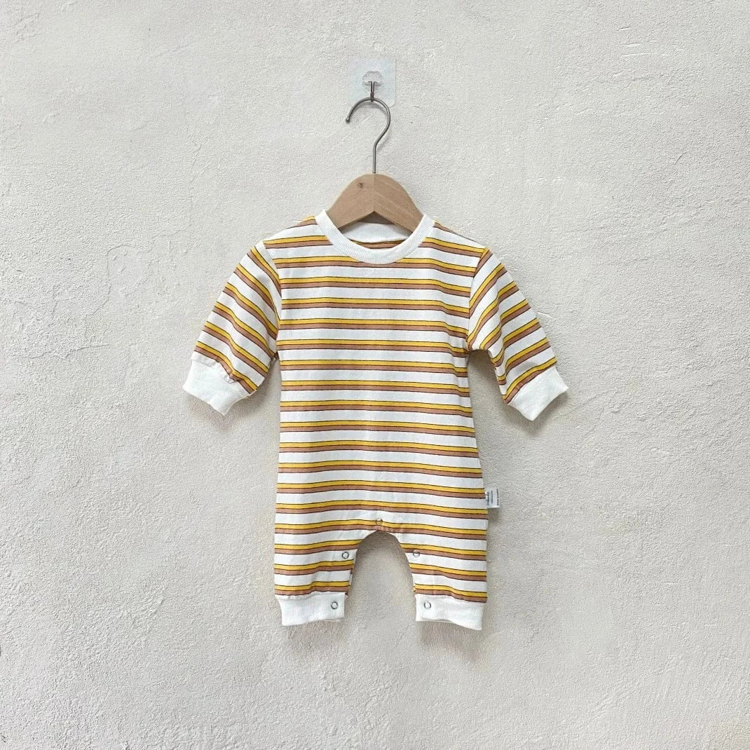 長袖ロンパース Coffee / 66cm 0-6m ベビーロンパース レトロボーダー長袖ジャンプスーツ 2カラー【mh0007408】