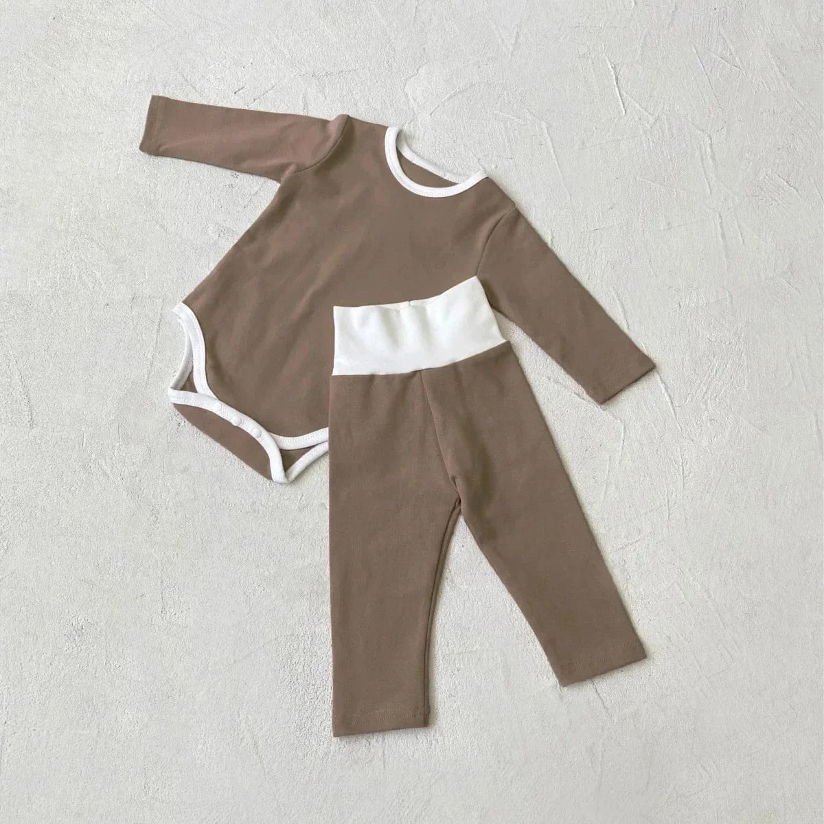 ロンパースセットアップ Coffee / 66cm 0-6m ベビーセットアップ 2点セット バイピング長袖ロンパース+ハイウェストロングパンツ 長袖パジャマセット【mh0007633】