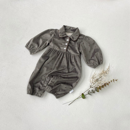 長袖ロンパース Coffee / 66cm フラワープリント丸襟長袖パフスリーブロンパース【mh0009672】