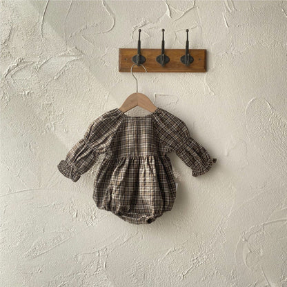 長袖ロンパース Coffee / 66cm レトロチェックベルスリーブ長袖ロンパース【mh0009674】