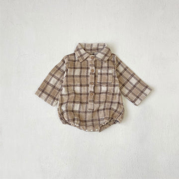 長袖ロンパース Coffee / 66cm 長袖ロンパース チェック シャツ襟 ボディスーツ【mh0011633】