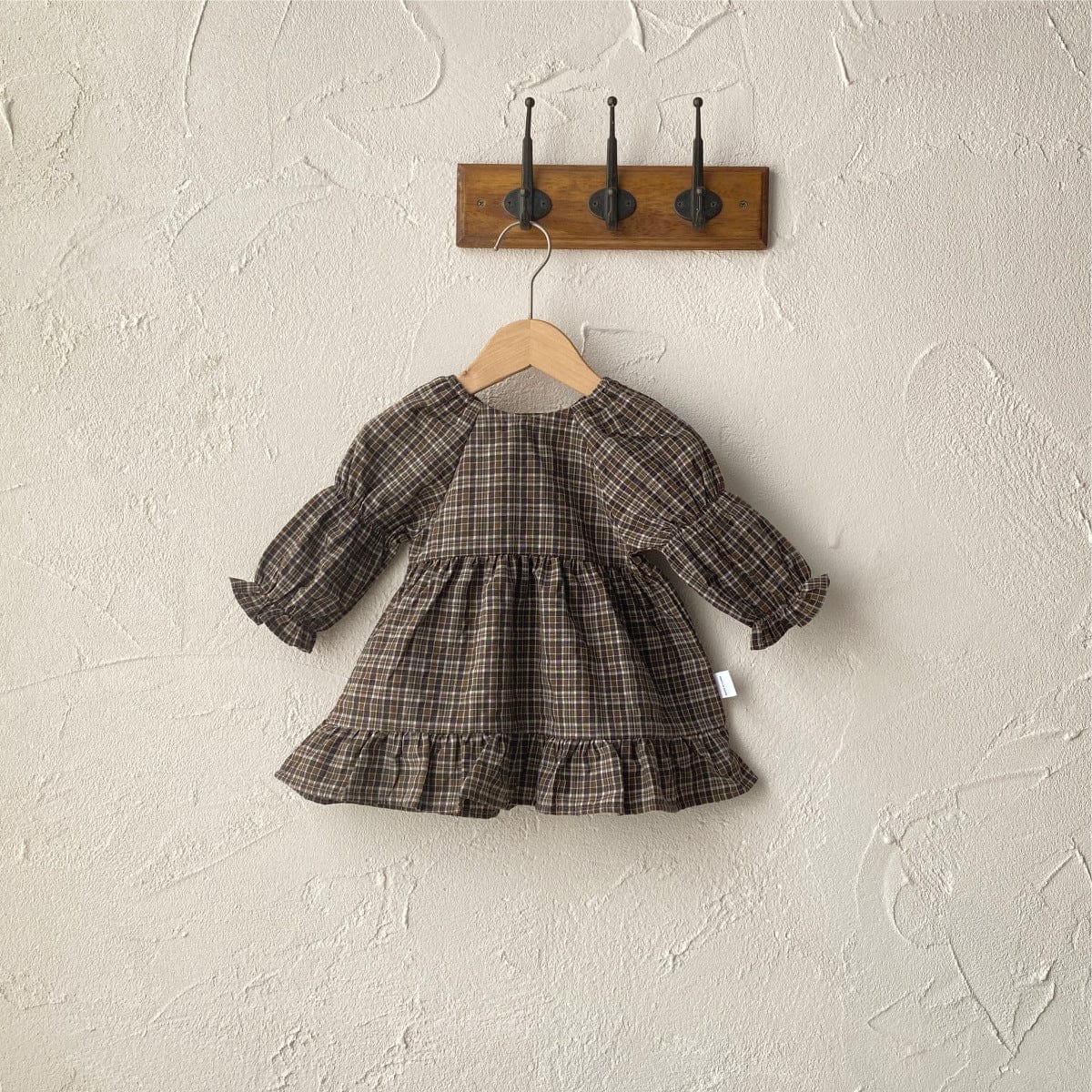 長袖ワンピース Coffee / 73cm レトロチェックベルスリーブ長袖ワンピース【mh0009675】