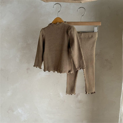 長袖セットアップ Coffee / 73cm リブメロウフリル長袖Tシャツ+レギンスパンツ【mh0010612】