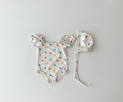 ベビー用水着 color 1 / 73cm ベビー 水着 フラワー 花柄 ハート チュチュ チュール 半袖 パフスリーブ ワンピース スイムウェア 帽子 セット 3デザイン ガールズ【mh0002288】