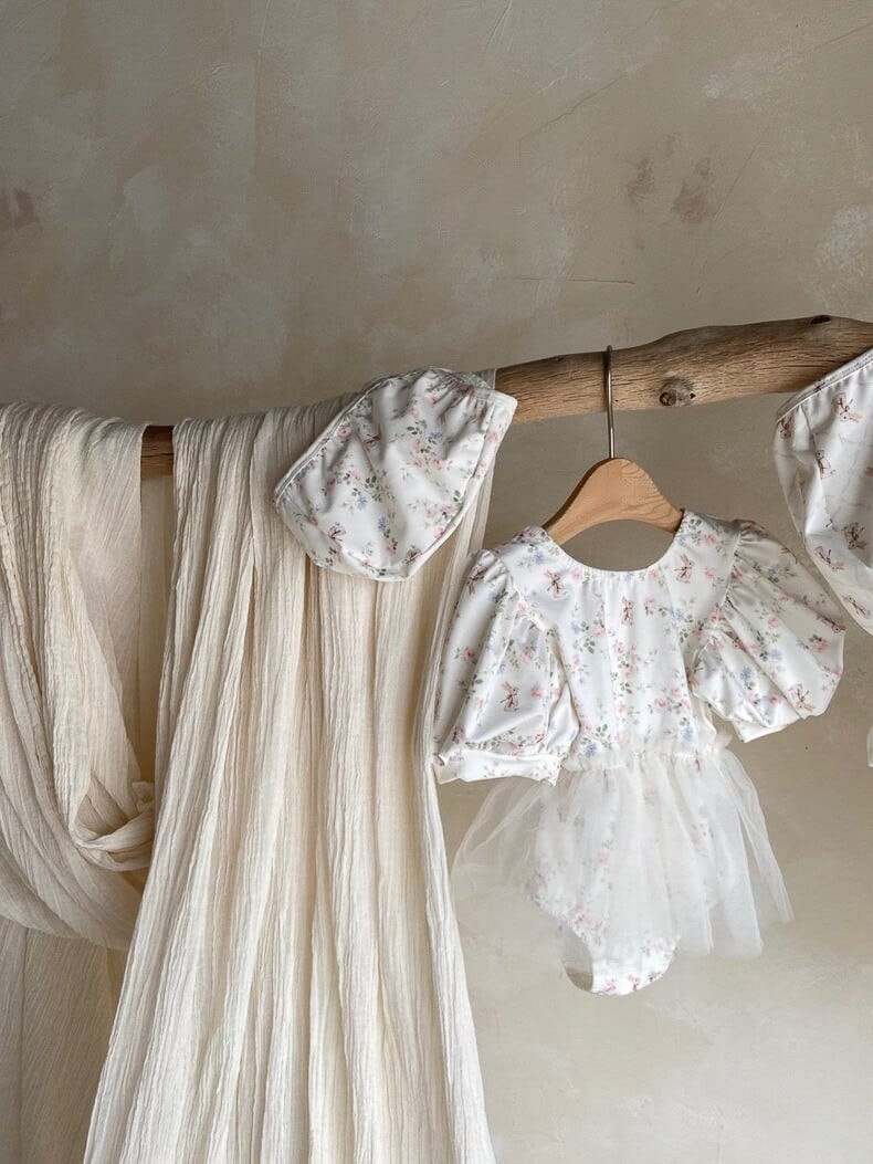 ベビー用水着 color 2 / 73cm ベビー 水着 フラワー 花柄 ハート チュチュ チュール 半袖 パフスリーブ ワンピース スイムウェア 帽子 セット 3デザイン ガールズ【mh0002288】