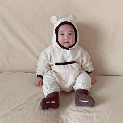 長袖ロンパース Cream / 66cm ポケット付きくま耳フーディ長袖ロンパース【mh0011141】