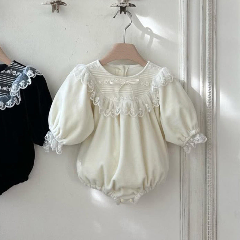 長袖ロンパース Cream / 66cm Velvet Lace Bow Jumpsuit パフスリーブ ベロア ロンパース【mh0011636】