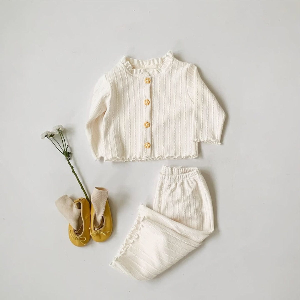 長袖セットアップ Cream / 73cm 花柄ジャガードセットアップ カーディガン メロウフリル レギンスパンツ 2点セット【mh0010886】