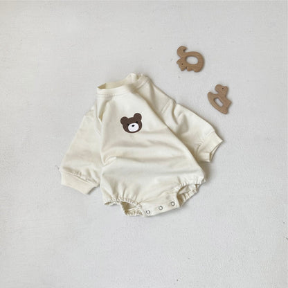 長袖ロンパース Cream jumpsuit / 66cm ベアくまプリント長袖ロンパース 耳付き帽子セット【mh0009670】