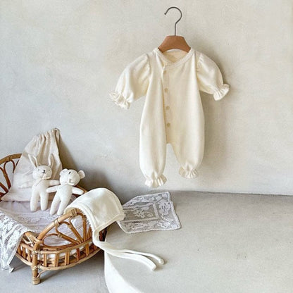 長袖ロンパース Cream suit (jumpsuit + hat) / 66cm 長袖パフスリーブジャンプスーツ ボンネット帽子セット【mh0009662】