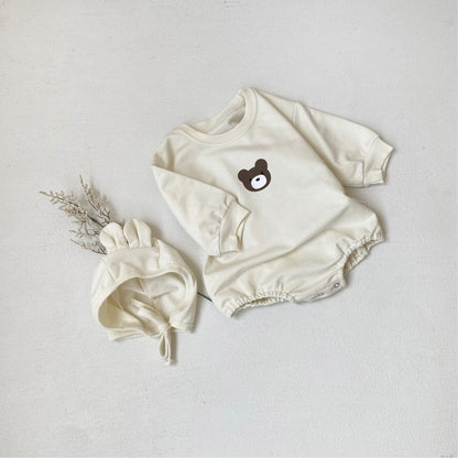 長袖ロンパース Cream suit (jumpsuit + hat) / 66cm ベアくまプリント長袖ロンパース 耳付き帽子セット【mh0009670】