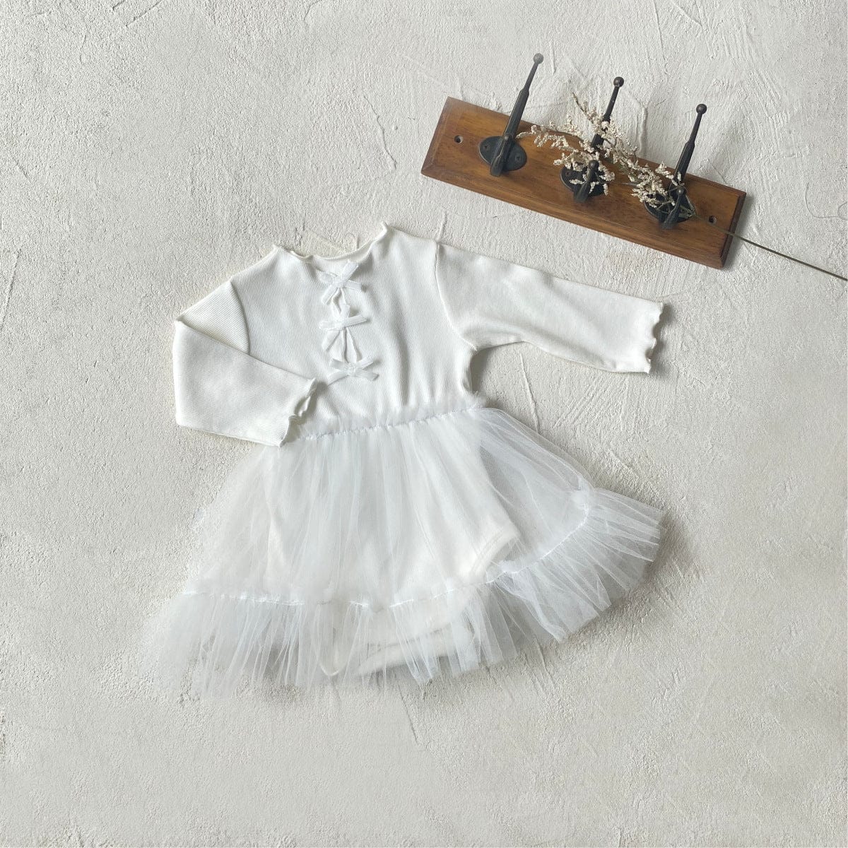 長袖ワンピース Creamy White / 66cm バックリボンチュチュチュールスカートドッキング長袖ワンピース【mh0009671】