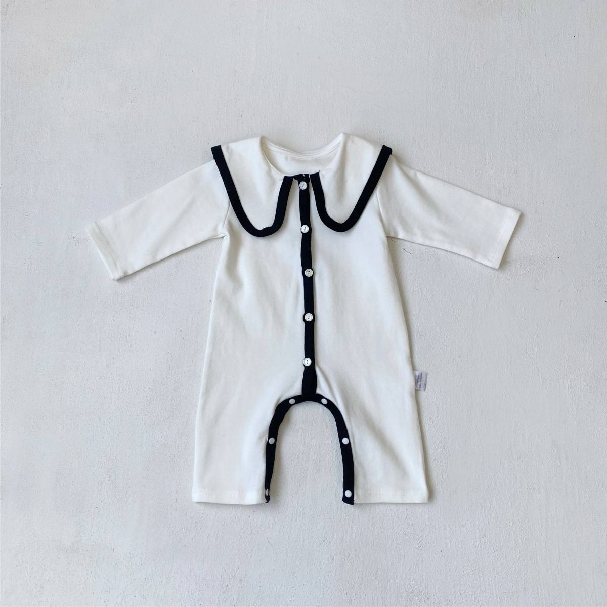 長袖ロンパース Creamy White / 66cm 長袖ロンパース ビッグ襟 パイピング 前開きスナップボタン カバーオール【mh0011371】
