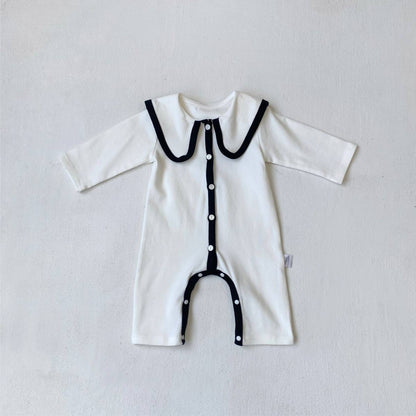 長袖ロンパース Creamy White / 66cm 長袖ロンパース ビッグ襟 パイピング 前開きスナップボタン カバーオール【mh0011371】