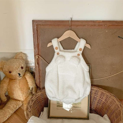 ノースリーブロンパース Creamy White / 66cm サスペンダーロンパース | くま耳もこもこポケット | ボアオーバーオール【mh0011503】