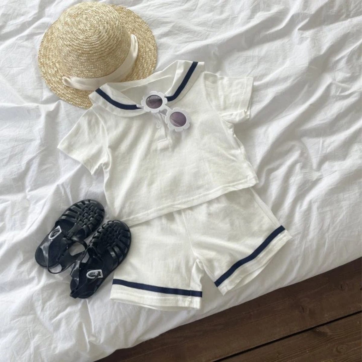 半袖セットアップ Creamy White / 73cm セーラーカラー半袖シャツ+ショートパンツマリンセットアップ 2点セット【mh0009982】