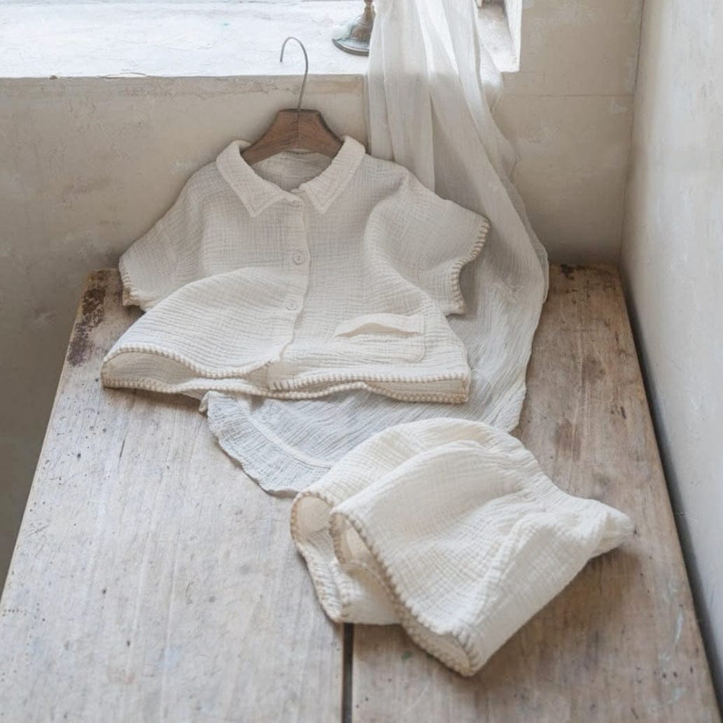 半袖セットアップ Creamy White / 73cm シンプルコットン半袖シャツ+ショートパンツ【mh0009984】