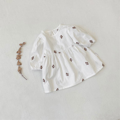 長袖ワンピース Creamy White / 73cm 小花刺繍パフスリーブワンピース【mh0011128】