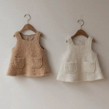 ノースリーブワンピース Curly Velvet Pocket Sleeveless Dress ボア スクエアネック ジャンパースカート【mh0011634】