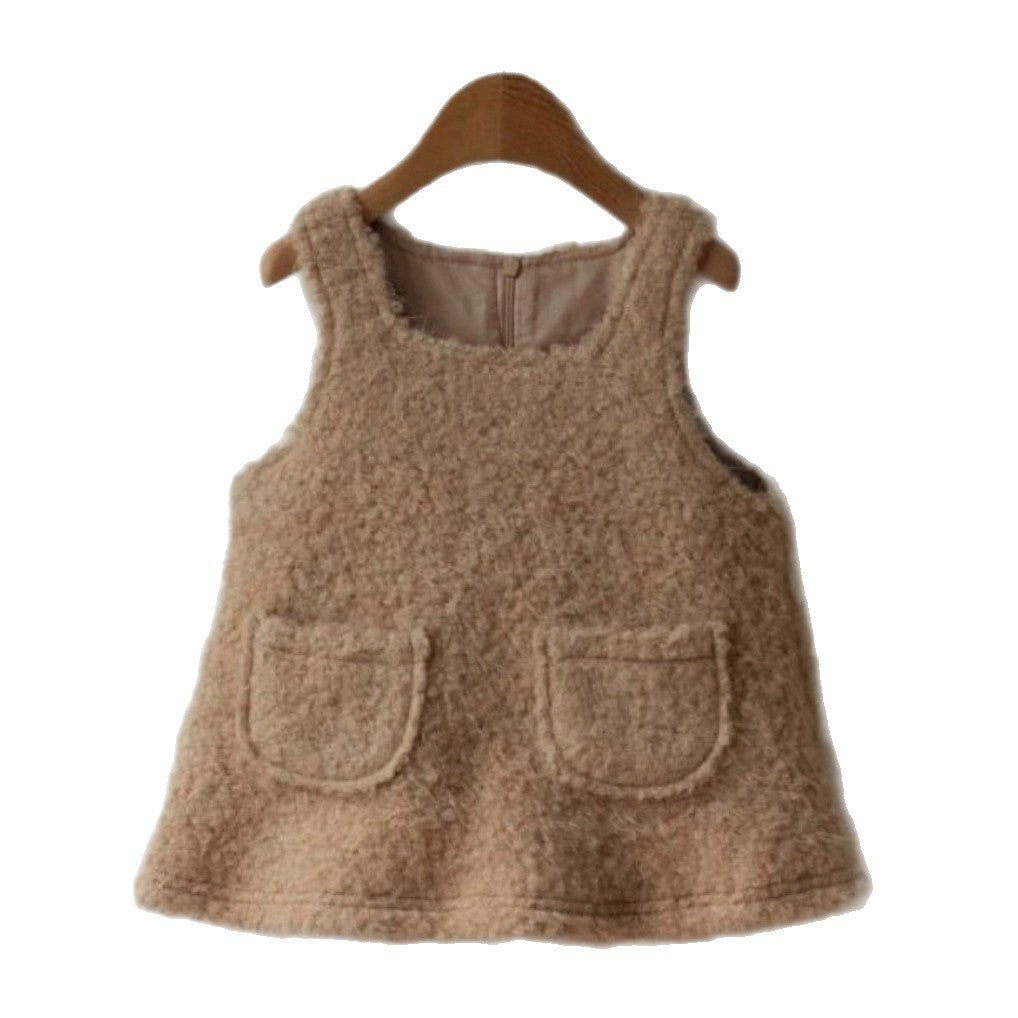 ノースリーブワンピース Curly Velvet Pocket Sleeveless Dress ボア スクエアネック ジャンパースカート【mh0011634】