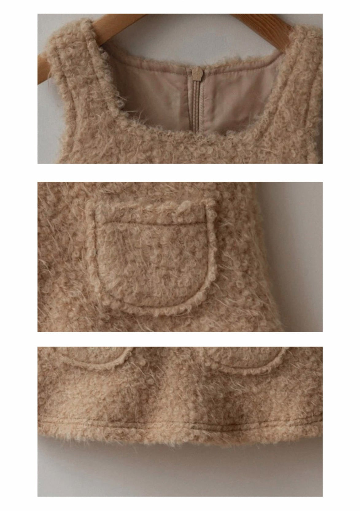 ノースリーブワンピース Curly Velvet Pocket Sleeveless Dress ボア スクエアネック ジャンパースカート【mh0011634】