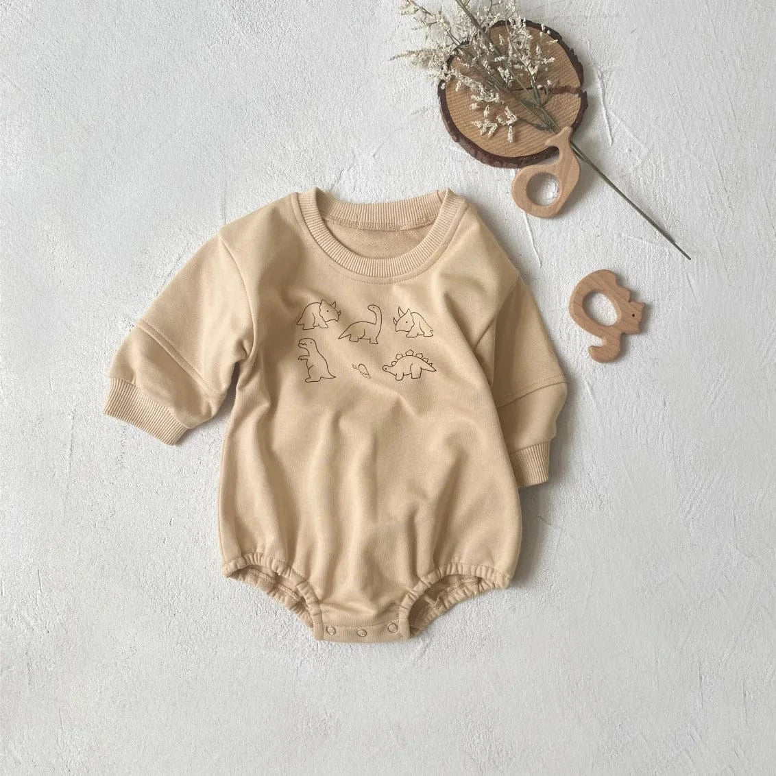 長袖ロンパース dark apricot / 3-6M  66cm ベビーロンパース 恐竜ダイナソープリント長袖ボディスーツ【mh-0008544】