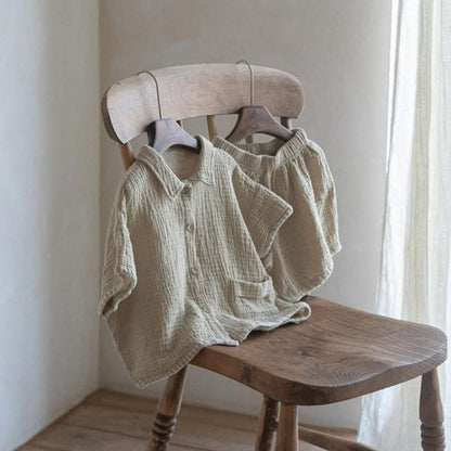 半袖セットアップ Dark apricot / 73cm シンプルコットン半袖シャツ+ショートパンツ【mh0009984】