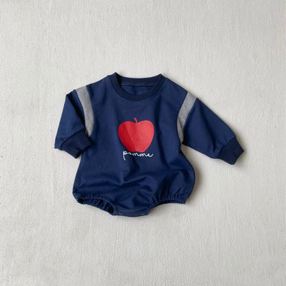 長袖ロンパース Dark Blue / 66cm りんごプリントパッチワーク長袖ロンパース【mh0011121】