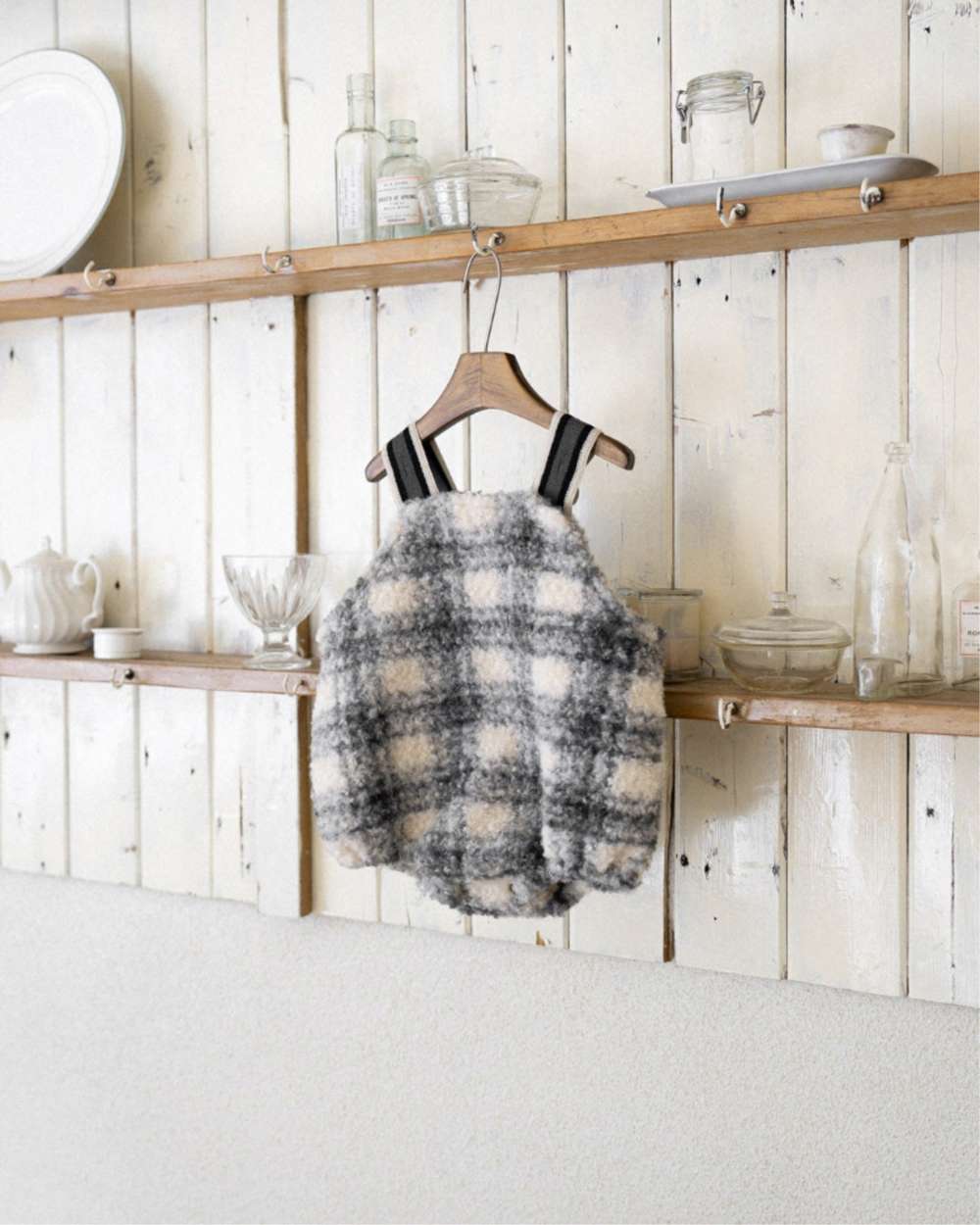 ノースリーブロンパース Dark Blue / 66cm サスペンダーロンパース | うさぎチェックボーダーボア | もこもこベビーオーバーオール【mh0011500】