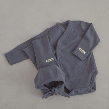 ロンパースセットアップ Dark blue three-piece set (jumpsuit + pants + hat) / 66cm ベビーセットアップ 3点セット 長袖ボディスーツ+ハイウェストパンツ+フラワーキャップ帽子セット【mh0009026】