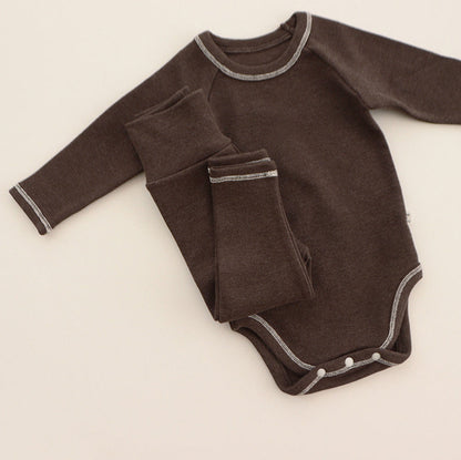 ロンパースセットアップ Dark Brown / 59cm Long Sleeve Romper + Pants Bunny Ear Hat 長袖 ロンパース + ハイウェストパンツ うさ耳帽子