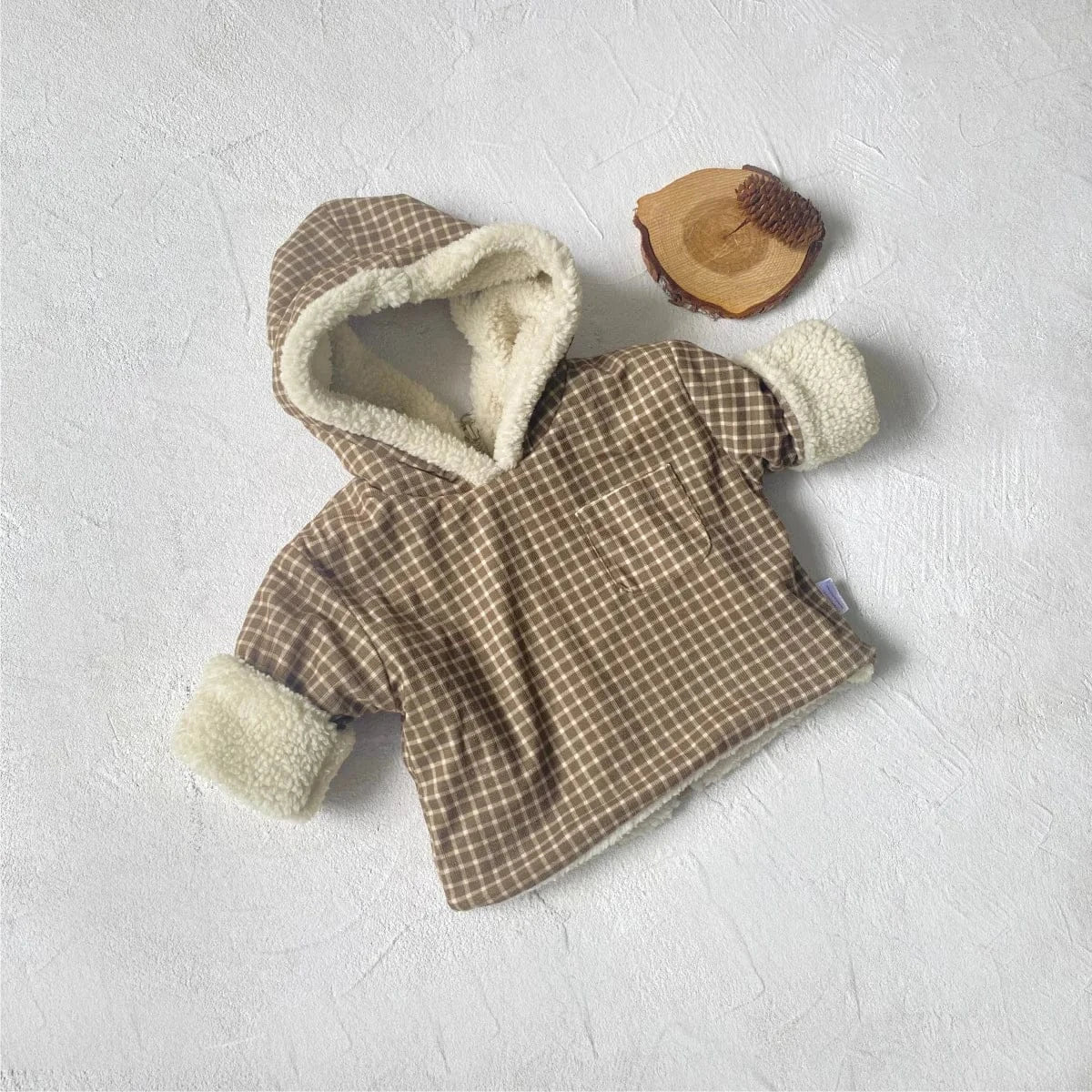 トレーナー・フーディ Dark Coffee / 73cm 9M ベビートップス ストライプ/チェック裏ボアフリースリバーシブルバックジッパーフーディプルオーバー【mh0008511】