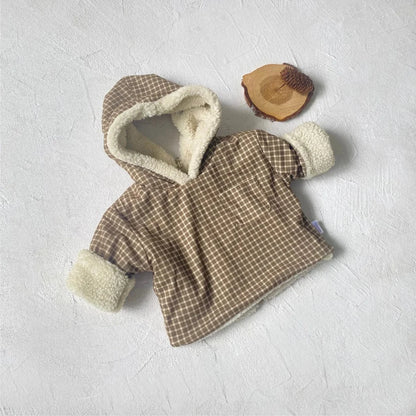 トレーナー・フーディ Dark Coffee / 73cm 9M ベビートップス ストライプ/チェック裏ボアフリースリバーシブルバックジッパーフーディプルオーバー【mh0008511】