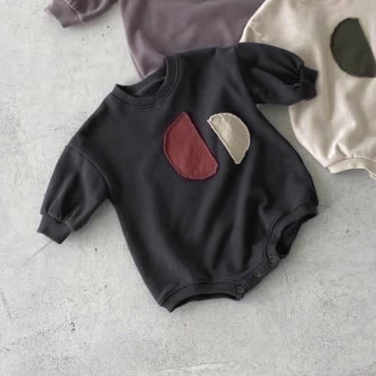 長袖ロンパース Dark Gray / 66cm 長袖ロンパース 裏起毛スウェットパッチワーク【mh0011360】