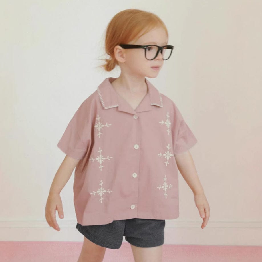 半袖シャツ・ブラウス Dark Pink / 73cm フラワー刺繍ステッチ半袖シャツ【mh0010209】