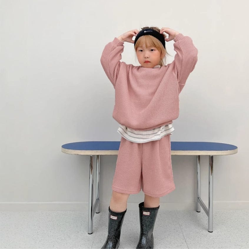 長袖セットアップ Dark Pink / 90cm 長袖リブニットトップス＋ショートパンツセットアップ 2点セット【mh0011099】