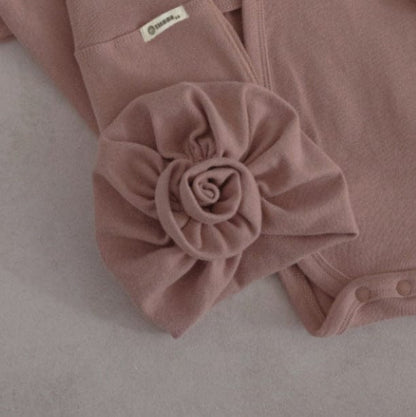 ロンパースセットアップ Dark pink flower hat / One Size ベビーセットアップ 3点セット 長袖ボディスーツ+ハイウェストパンツ+フラワーキャップ帽子セット【mh0009026】