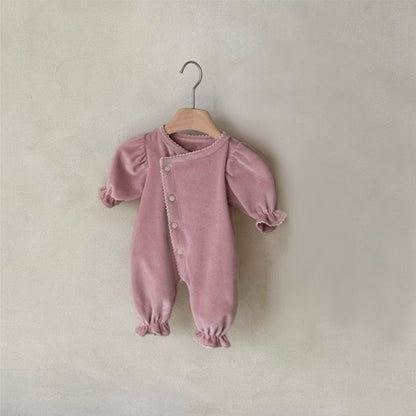 長袖ロンパース Dark pink jumpsuit / 66cm 長袖パフスリーブジャンプスーツ ボンネット帽子セット【mh0009662】