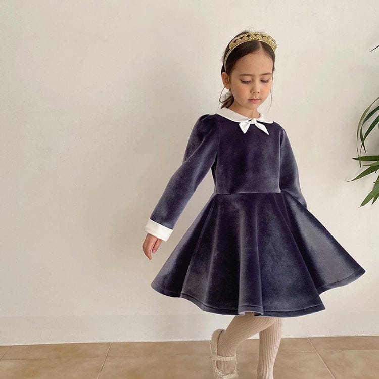 長袖ワンピース Dark Purple / 90cm ベルベッド風リボン襟長袖フォーマルワンピース【mh0010002】