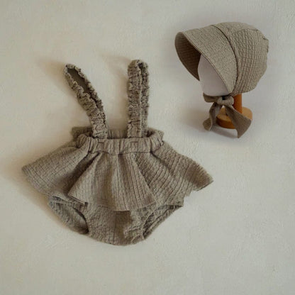 ブルマパンツ Deep apricot Set (Jumpsuit + Hat) / 66cm フリルショルダースカートサスペンダーブルマパンツ+ボンネット帽子セット【mh0009990】